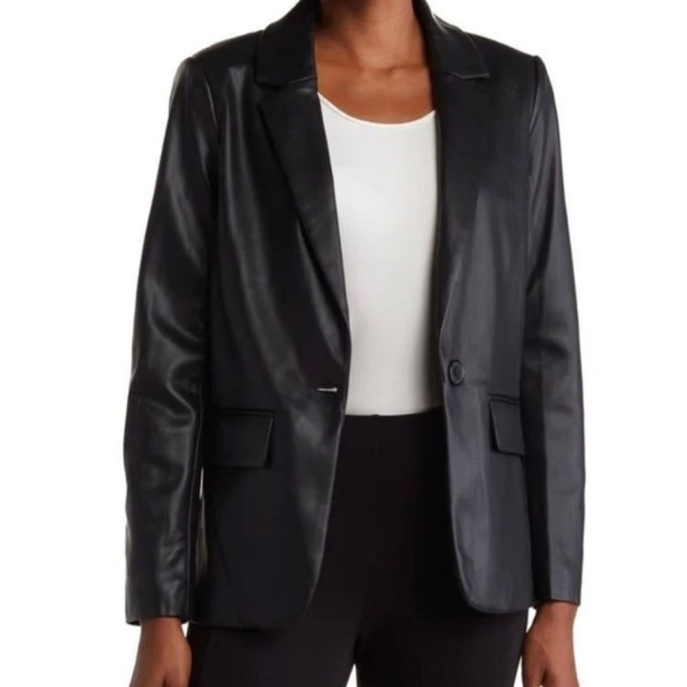 T Tahari Black Vegan Soft Faux Leather Blazer Womens Size XL 1 Button Jacket